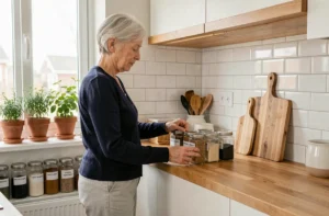Femme âgée autonome organisant sa cuisine adaptée pour bien vieillir à domicile