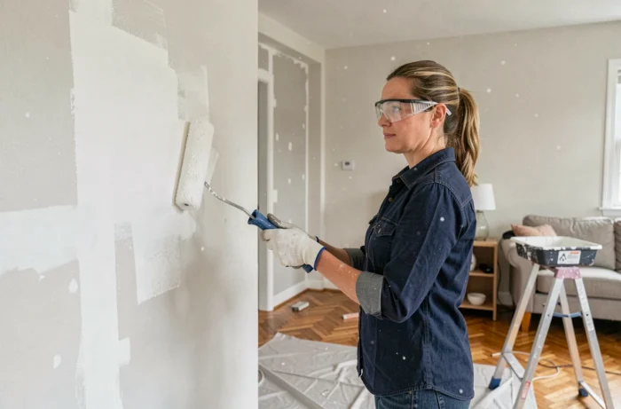 Femme peignant un mur intérieur en blanc lors d'une rénovation de salon avec rouleau et bâche de protection