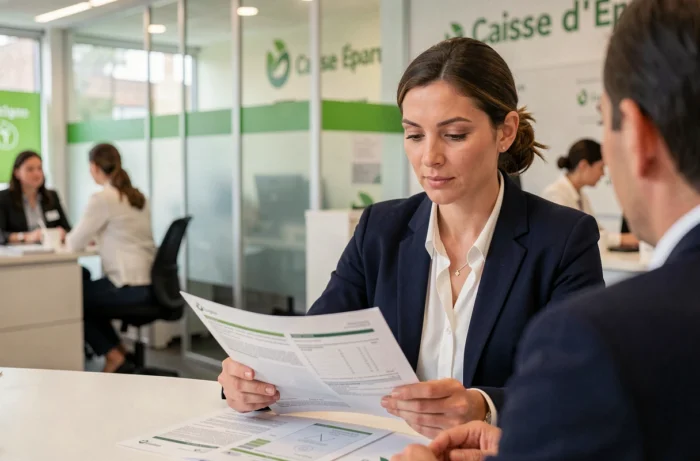 Une femme discutant avec un conseiller bancaire à la Caisse d'Épargne pour comparer un PEL classique et un pel quadreto en 2026