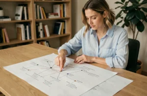 Femme consultant un plan de site imprimé sur un bureau en bois pour améliorer la navigation web