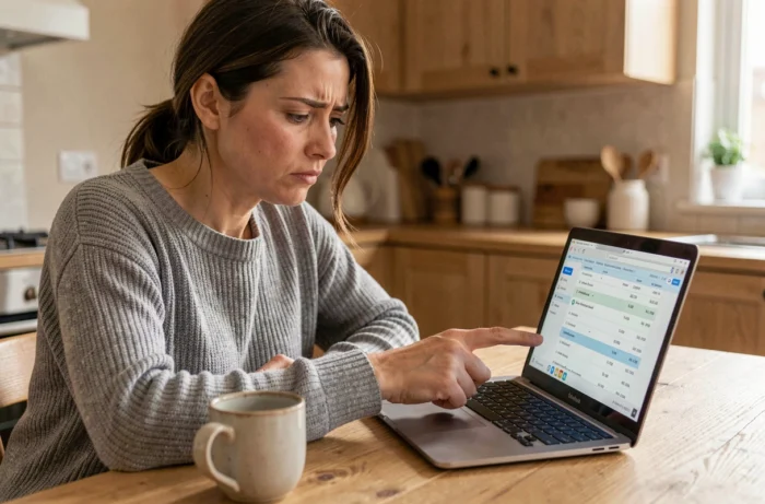 Femme inquiète consultant son relevé bancaire en ligne pour identifier un virement débit sans nom sur son compte La Banque Postale