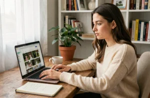 Jeune femme consultant un sitemap de mariage sur son ordinateur portable dans un bureau cosy à la maison