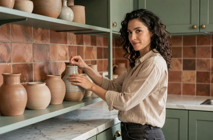 Femme arrangeant des vases en céramique sur une étagère dans une cuisine moderne aux tons verts sauge et laiton