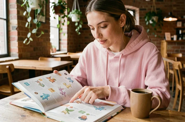 Femme parcourant une encyclopédie Pokémon illustrée dans un café chaleureux, pointant une page sur les Pokémon commençant par la lettre T, avec un café posé à côté