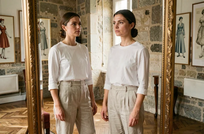 Femme française contemplant son reflet dans un miroir ancien, illustration des standards de beauté en France