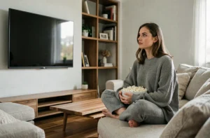 Jeune femme regardant un film en streaming sur sa télévision depuis son canapé avec un bol de popcorn