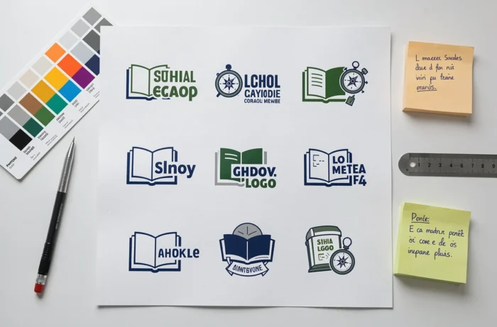 Flat lay de plusieurs variations de logos scolaires imprimés avec guide Pantone et annotations manuscrites sur bureau blanc