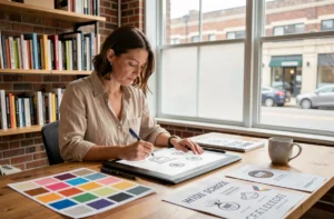 Graphiste professionnelle dessinant des concepts de logo scolaire sur tablette graphique dans un studio de design moderne