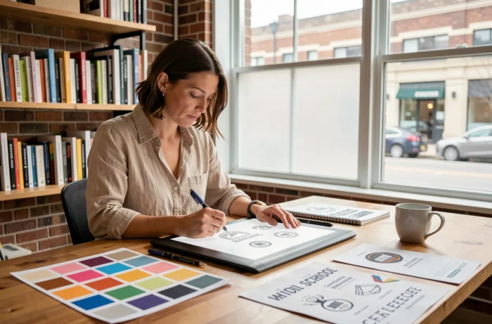 Graphiste professionnelle dessinant des concepts de logo scolaire sur tablette graphique dans un studio de design moderne