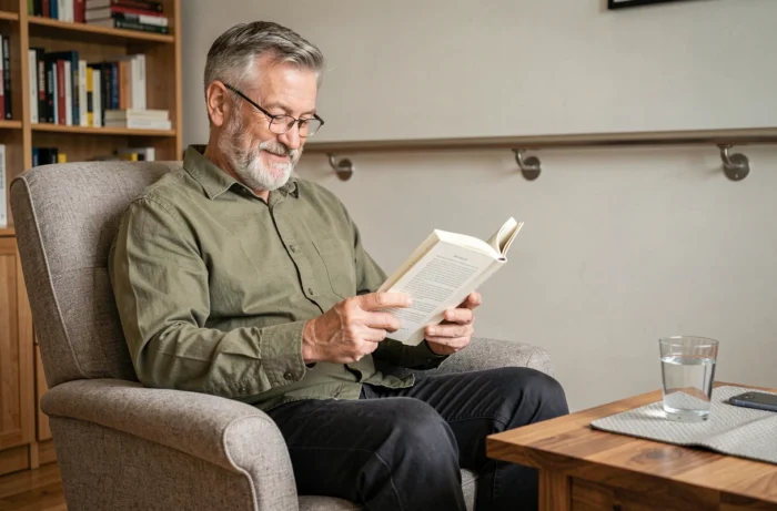 Homme senior autonome lisant dans son salon aménagé avec des équipements d'aide au maintien à domicile