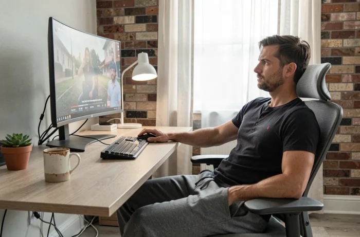 Homme regardant une série en streaming sur un grand écran d'ordinateur dans un bureau à domicile moderne