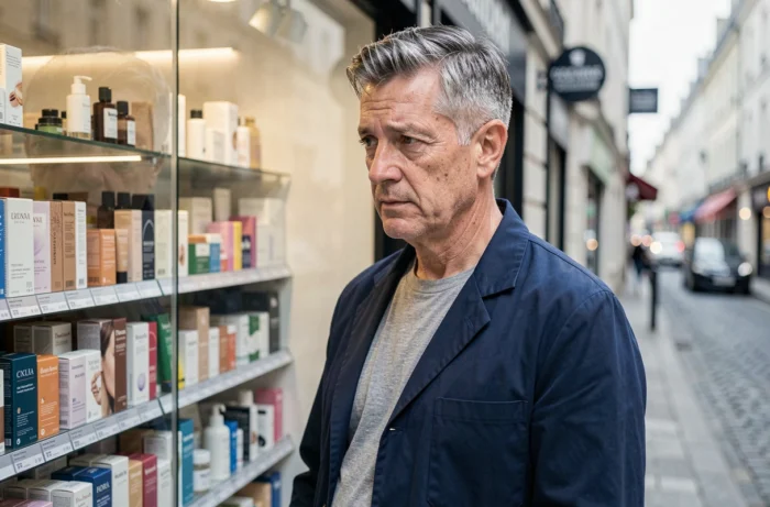 Homme d'âge mûr devant une vitrine de pharmacie française examinant des produits de beauté, questionnement sur les standards masculins