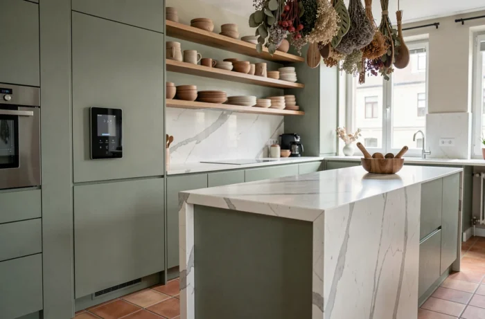 Cuisine contemporaine avec armoires vert sauge, îlot en quartz et technologie maison intelligente, reflétant les innovations intérieur tendance