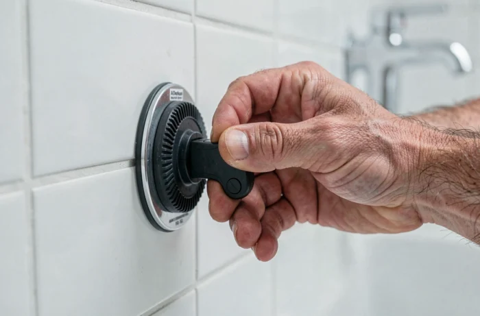 Gros plan sur l'installation d'une barre d'appui à ventouse sur du carrelage blanc, montrant le mécanisme de verrouillage