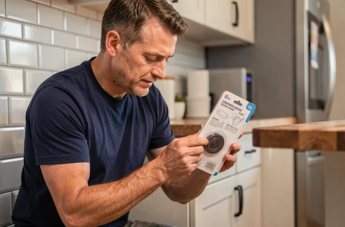 Homme lisant les instructions d'une ventouse adhésive pour carrelage de cuisine avant installation