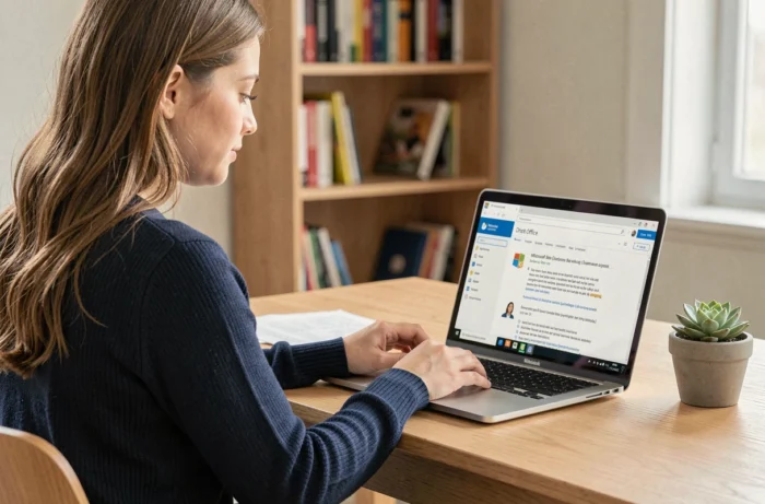 Jeune femme installant Word et Excel gratuitement sur son ordinateur portable à la maison
