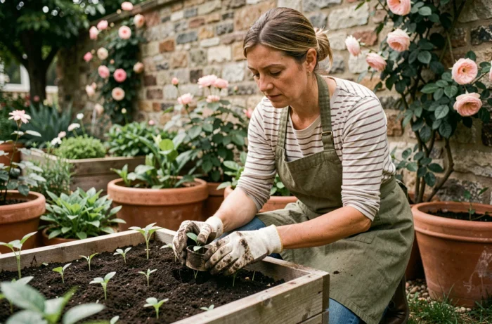 Femme jardinière replantant des semis dans un potager surélevé en bois au printemps, entourée de pots en terre cuite et d'un mur en pierre