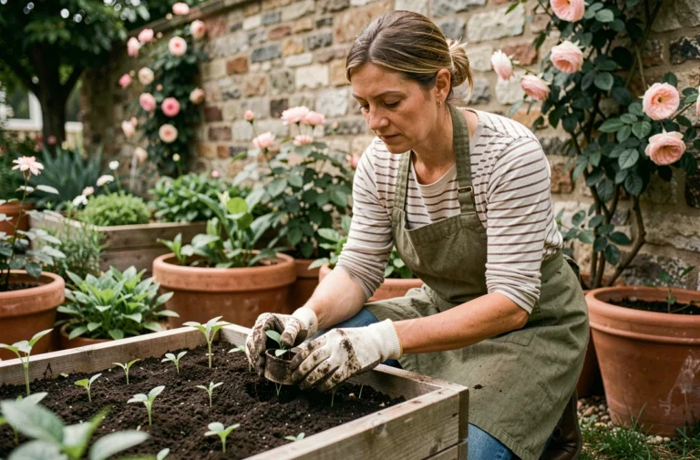 Femme jardinière replantant des semis dans un potager surélevé en bois au printemps, entourée de pots en terre cuite et d'un mur en pierre