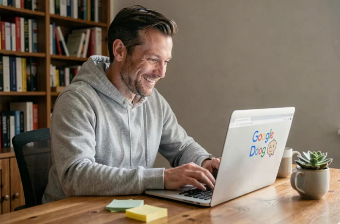 Homme concentré jouant à un jeu Google Doodle sur un ordinateur portable dans un bureau à domicile chaleureux