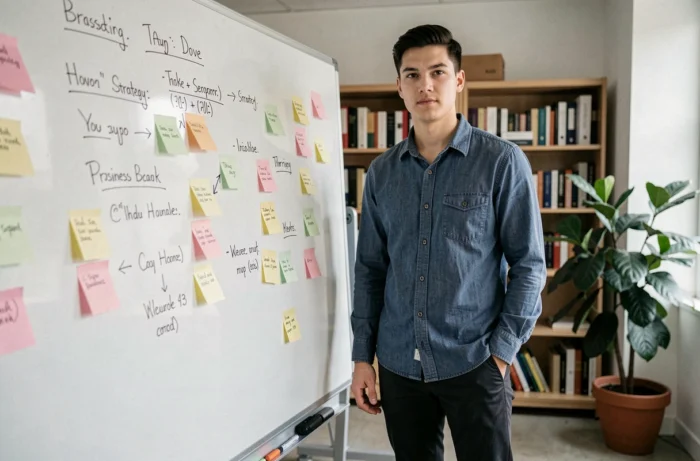 Jeune entrepreneur devant un tableau de stratégie dans un bureau de startup à Rennes