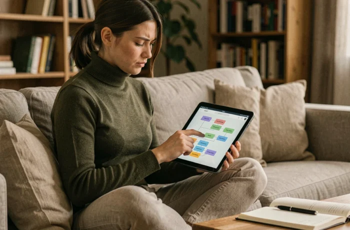 Jeune femme explorant un plan de site interactif sur tablette depuis son canapé à domicile