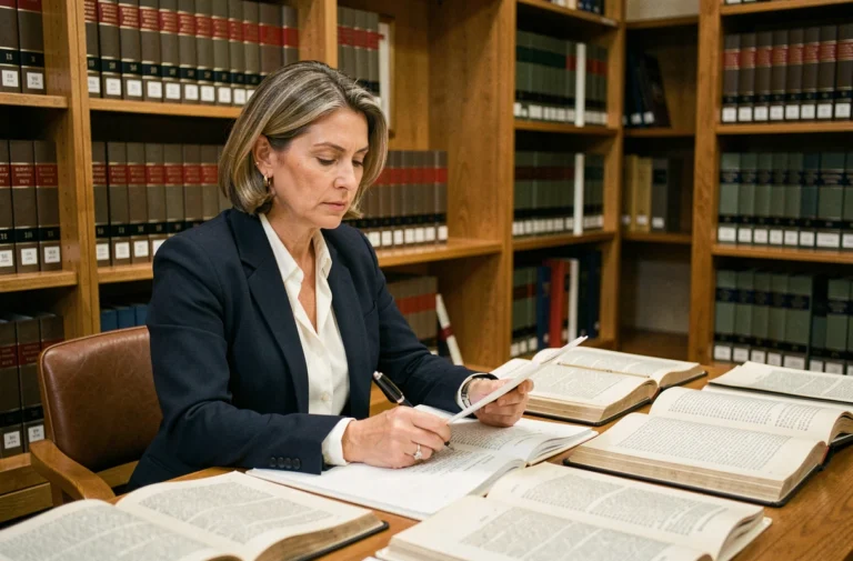 Juriste lisant la revue Délibérée dans une bibliothèque universitaire entourée de documents juridiques