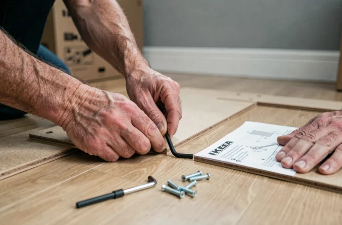 Mains masculines expérimentées assemblant des meubles en kit sur un parquet avec une clé Allen et des vis