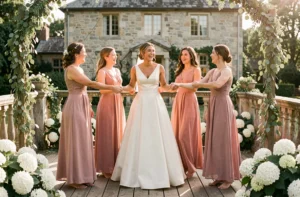 Mariée et demoiselles d'honneur se tenant la main en cercle sur une terrasse en bois décorée d'hortensias blancs lors d'un mariage champêtre