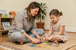 Mère et fille jouant ensemble à un puzzle sur le sol du salon, moment de complicité parentale au quotidien
