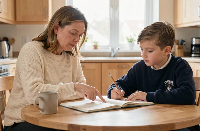 Mère aidant son fils à faire ses devoirs à la table de cuisine, accompagnement scolaire et parental au quotidien