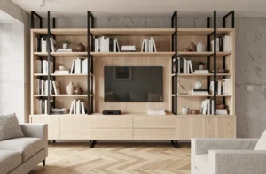 Meuble TV et bibliothèque sur mesure en chêne blanc dans un salon contemporain avec parquet en chevrons