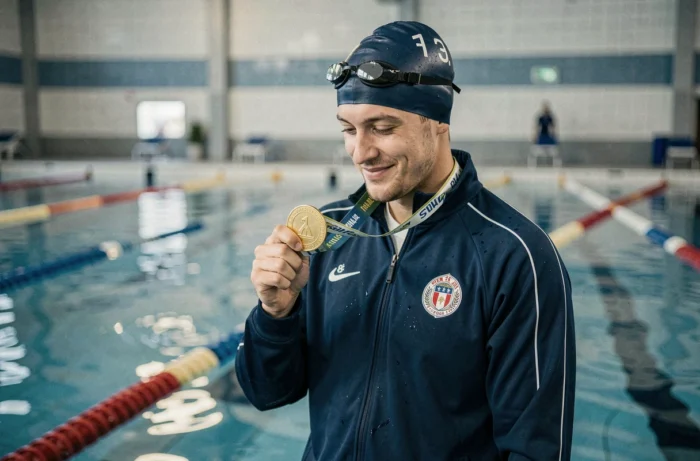 Nageur célèbre au bord de la piscine olympique tenant sa médaille d'or après une victoire historique