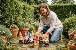 Femme souriante arrangeant des nains de jardin colorés sur un chemin en pierre dans un jardin verdoyant