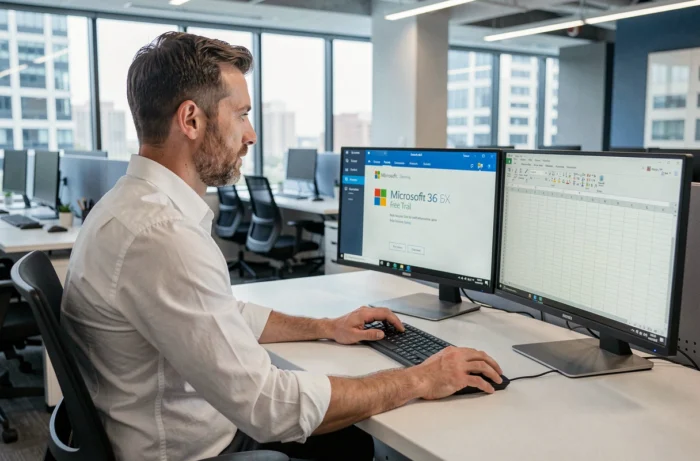 Professionnel configurant le pack Office avec Word et Excel sur un poste de travail en entreprise