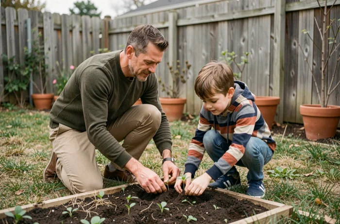 Père et fils en train de jardiner ensemble dans un jardin de banlieue, activité parentale et éducative en plein air
