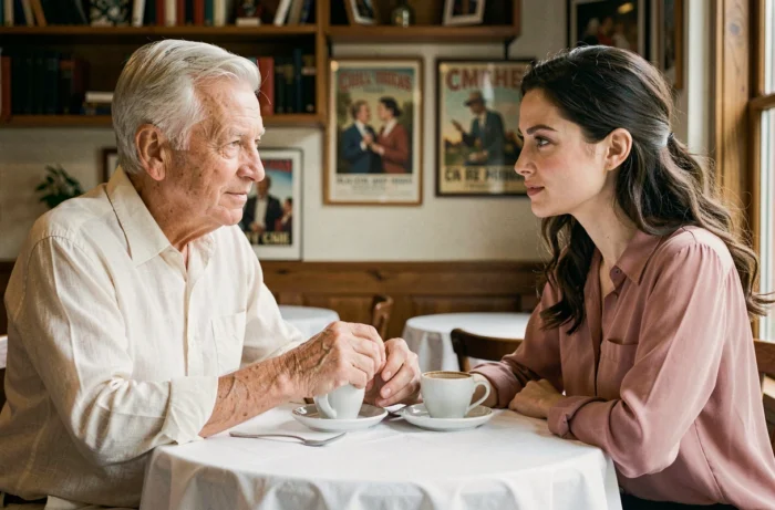 Portrait intime d'un couple avec écart d'âge notable attablé dans un café parisien discutant autour d'un expresso