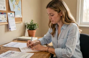 Femme préparant ses documents administratifs pour un voyage à son bureau à domicile