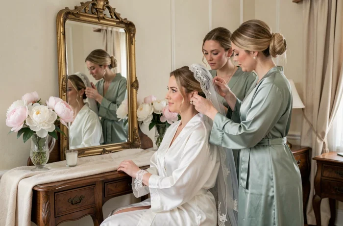 Mariée assise devant un miroir vintage se faisant coiffer par ses demoiselles d'honneur dans une suite nuptiale élégante