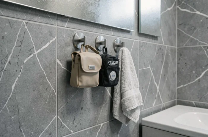 Rangement salle de bain organisé avec des crochets ventouse fixés sur carrelage en marbre gris sans perçage