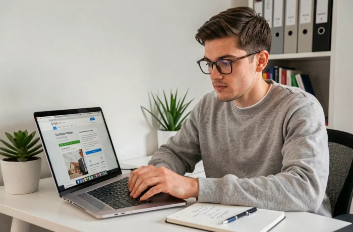 Homme consultant des avis en ligne et des certifications d'artisans sur ordinateur portable pour vérifier leur fiabilité