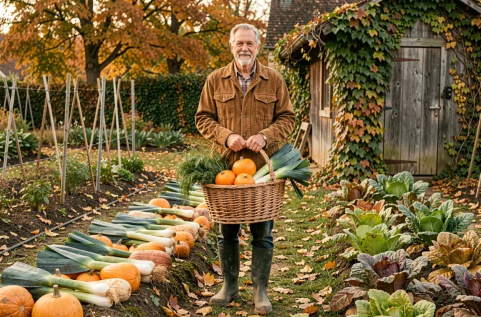 Homme tenant un panier de légumes récoltés dans un potager en automne, avec des courges et des poireaux, devant un cabanon en bois recouvert de lierre