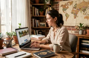 Femme consultant un site alternatif de réservation de voyage sur son ordinateur portable dans un bureau à domicile chaleureux