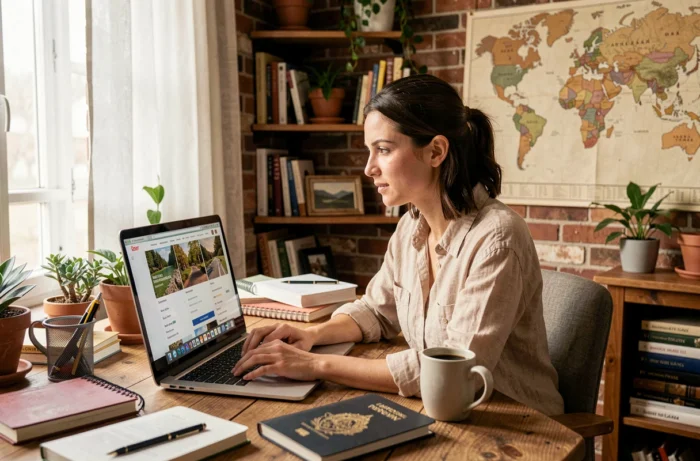 Femme consultant un site alternatif de réservation de voyage sur son ordinateur portable dans un bureau à domicile chaleureux