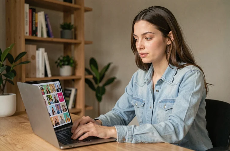 Jeune femme retrouvant ses photos de photobooth stockées sur son ordinateur portable à son bureau