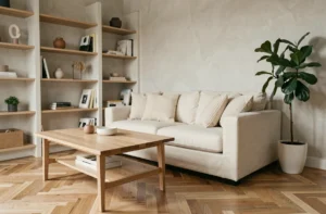 Salon moderne scandinave avec canapé en lin crème, table basse en chêne et décoration minimaliste épurée
