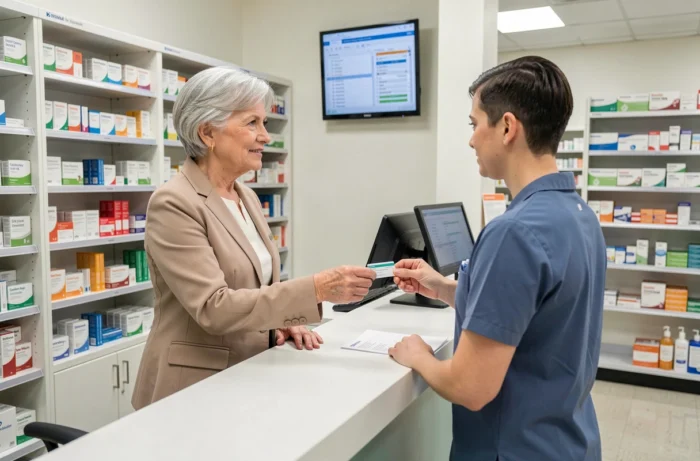 Femme senior utilisant sa carte de mutuelle santé à la pharmacie
