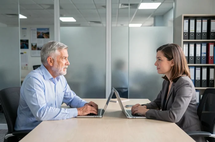 Senior homme consultant un conseiller en mutuelle santé dans une agence