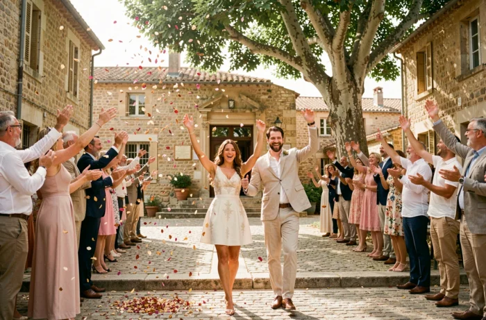 Couple de mariés heureux sous une pluie de pétales de fleurs séchées à la sortie d'une mairie provençale en village français