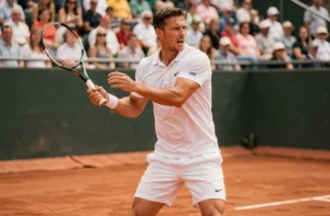 Joueur de tennis célèbre en pleine frappe sur un court en terre battue lors d'un tournoi majeur