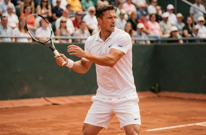 Joueur de tennis célèbre en pleine frappe sur un court en terre battue lors d'un tournoi majeur